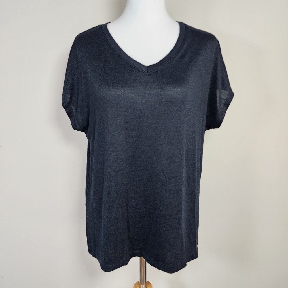 Orvis Slub Tunic Shirt Womens Small Black Knit Oversize Short Sleeve Old‎ Money